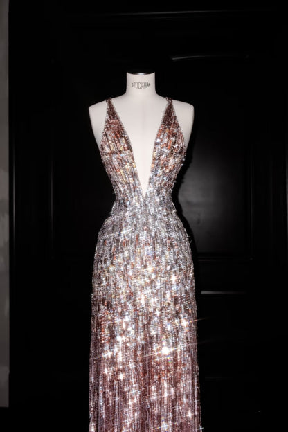 Hermoso vestido de fiesta largo con escote en V y lentejuelas rosas, estilo sirena, D2736