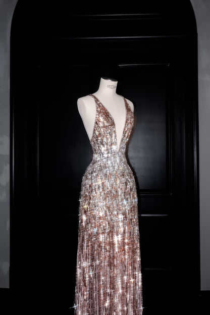 Hermoso vestido de fiesta largo con escote en V y lentejuelas rosas, estilo sirena, D2736