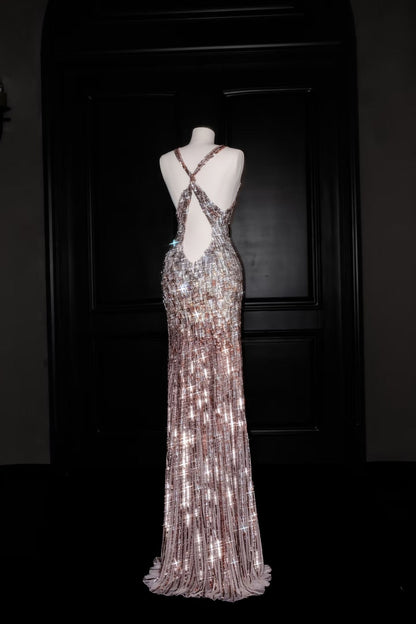 Hermoso vestido de fiesta largo con escote en V y lentejuelas rosas, estilo sirena, D2736