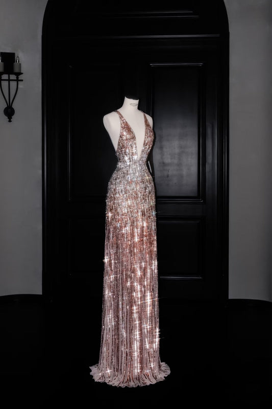 Hermoso vestido de fiesta largo con escote en V y lentejuelas rosas, estilo sirena, D2736