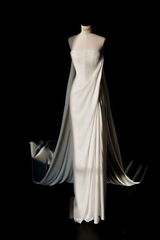 Vestido de novia sencillo, sin tirantes, de encaje blanco, largo hasta el suelo, estilo minimalista, D2740