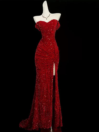 Vestido de noche encantador con escote corazón y lentejuelas brillantes, corte sirena, hombros descubiertos, largo hasta el suelo y abertura alta TP4317