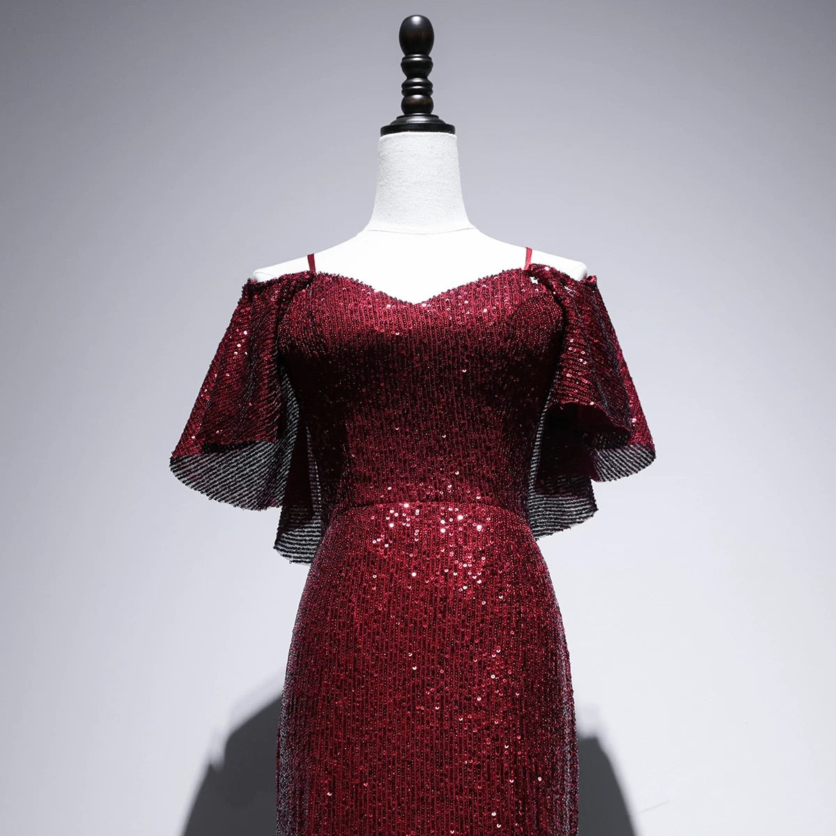 Pretty Mermaid Off The Shoulder Burgundy Sequin Long Evening Dress Prom Dresses SD2780