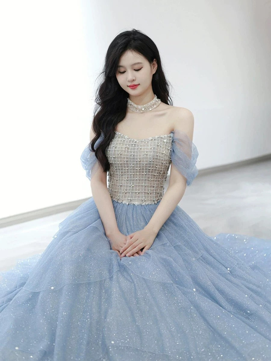 Sexy Ball Gown Off The Shoulder Blue Elegant Tulle Long Prom Dresses H2862