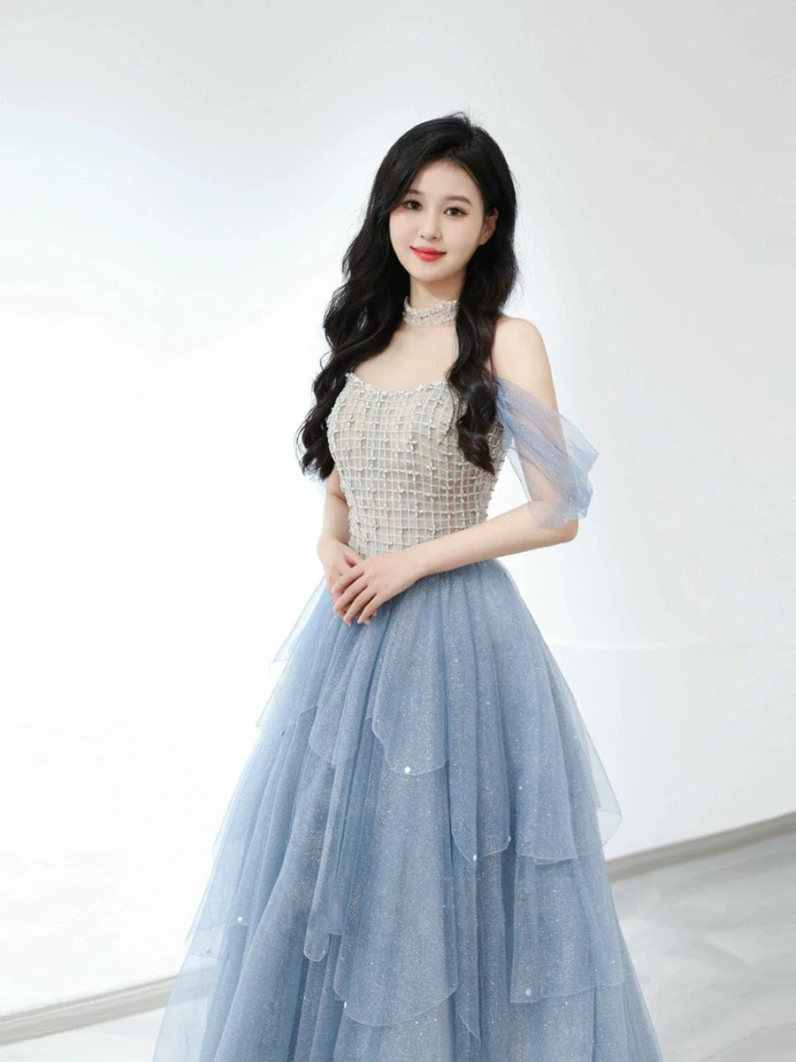 Sexy Ball Gown Off The Shoulder Blue Elegant Tulle Long Prom Dresses H2862