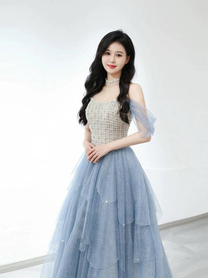 Sexy Ball Gown Off The Shoulder Blue Elegant Tulle Long Prom Dresses H2862