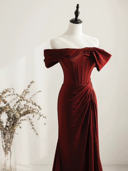 Classy Mermaid Off The Shoulder Burgundy Satin Slit Evening Dress Long Prom Dresses H2875