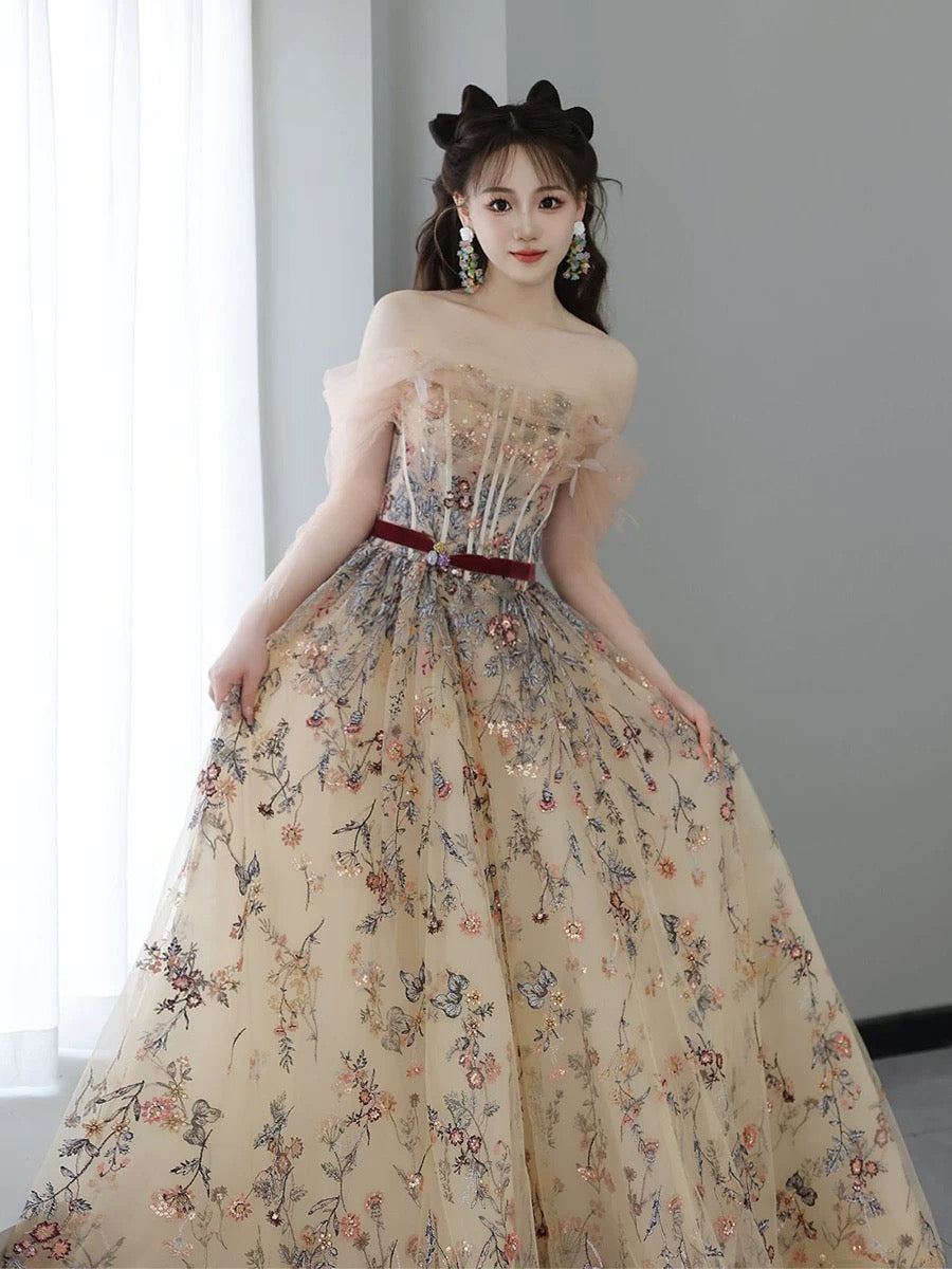 Sexy Ball Gown Off The Shoulder Long Sleeves Champagne Elegant Tulle Long Prom Dresses H2881
