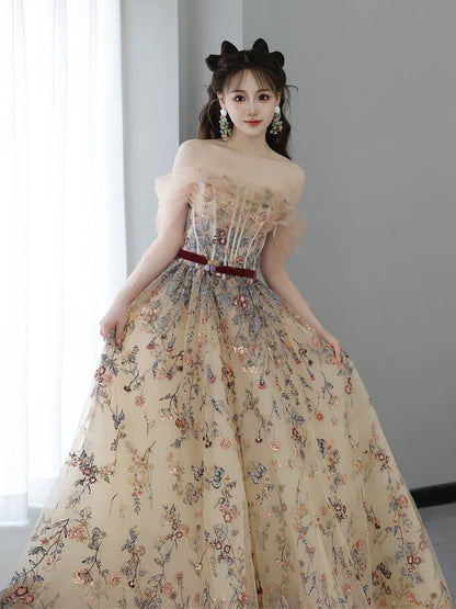 Sexy Ball Gown Off The Shoulder Long Sleeves Champagne Elegant Tulle Long Prom Dresses H2881