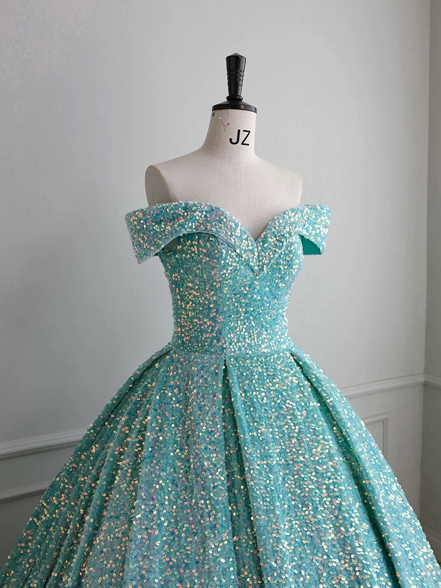 Classy Ball Gown Off The Shoulder Blue Sequin Evening Dress Long Prom Dresses H2889