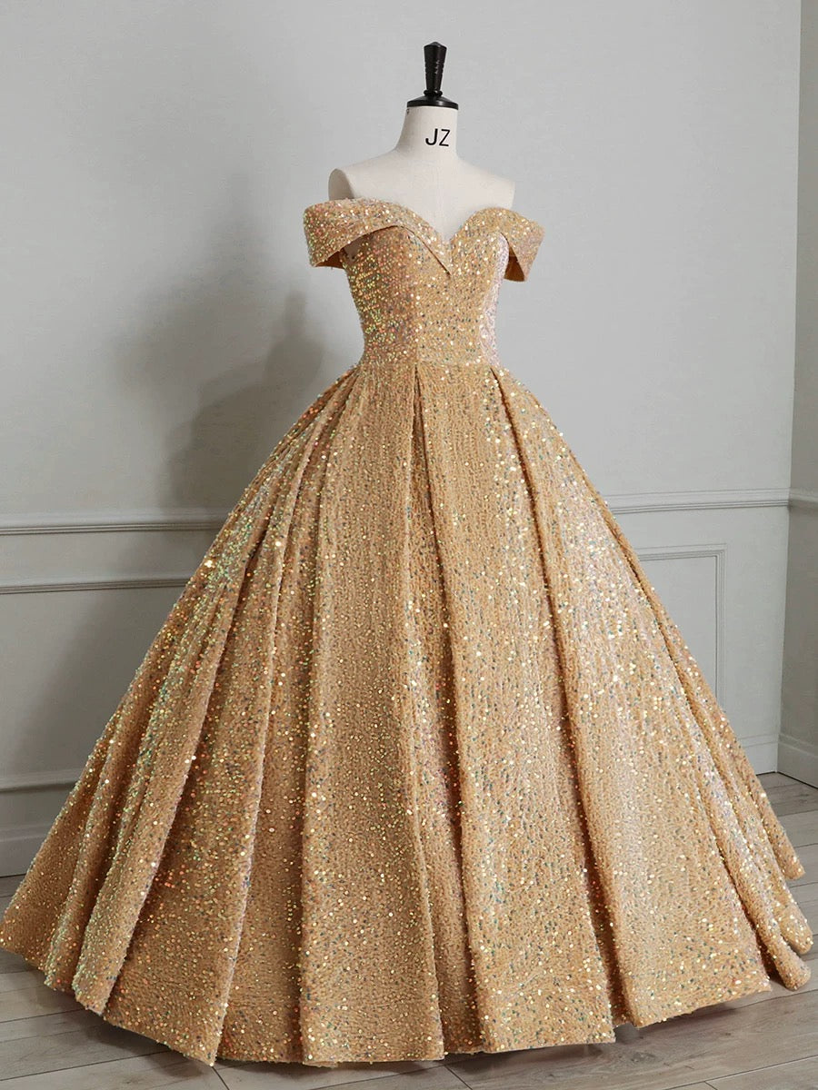 Classy Ball Gown Off The Shoulder Blue Sequin Evening Dress Long Prom Dresses H2889