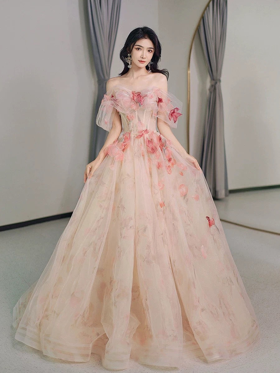 Classy Elegant A line Off The Shoulder Pink Tulle Flowers Short Sleeves Prom Dresses H2890