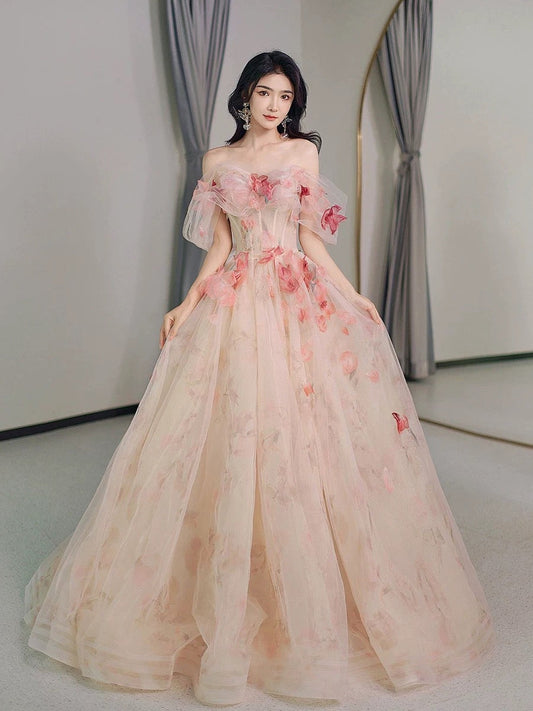 Classy Elegant A line Off The Shoulder Pink Tulle Flowers Short Sleeves Prom Dresses H2890