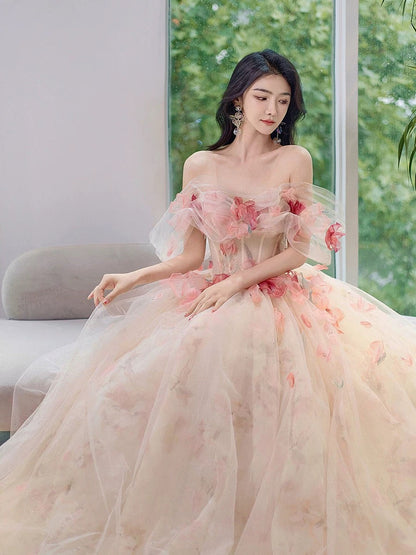 Classy Elegant A line Off The Shoulder Pink Tulle Flowers Short Sleeves Prom Dresses H2890