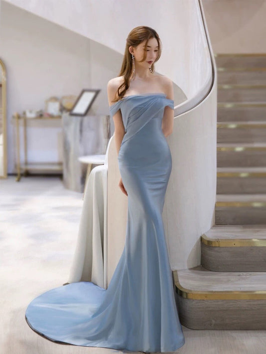 Classy Mermaid Off The Shoulder Satin Blue Short Sleeves Evening Dress Long Prom Dresses H2902