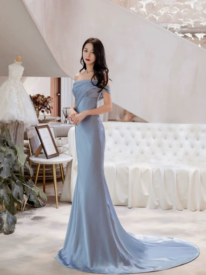 Classy Mermaid Off The Shoulder Satin Blue Short Sleeves Evening Dress Long Prom Dresses H2902