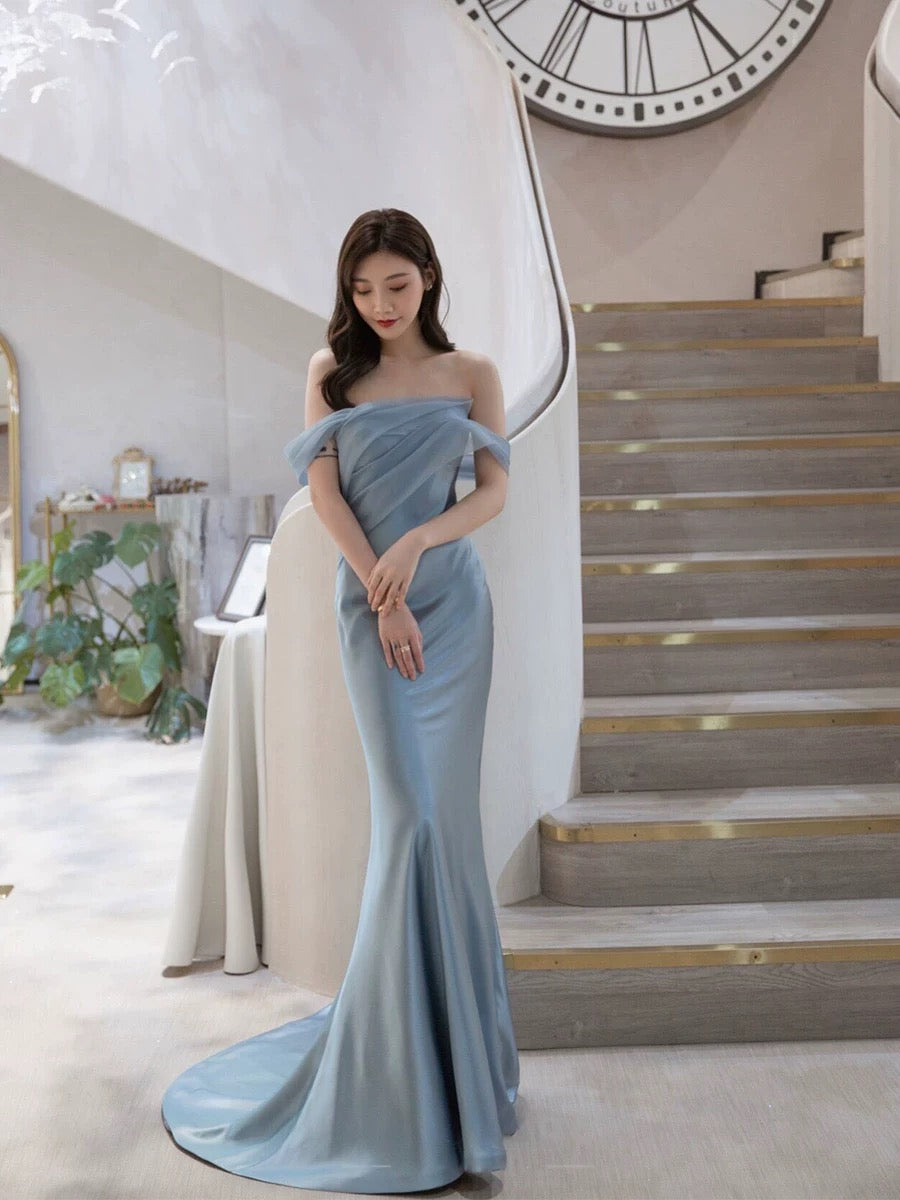 Classy Mermaid Off The Shoulder Satin Blue Short Sleeves Evening Dress Long Prom Dresses H2902