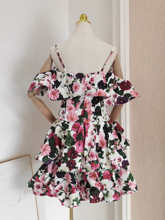 Cute A line Spaghetti Straps Sleeveless Floral Cocktail Dress Short Birthday Outfits SD395