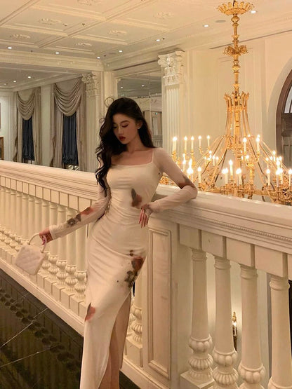 Sexy Sheath Square Neckline Long Sleeves Slit Floral Prom Dresses Birthday Dress SD411