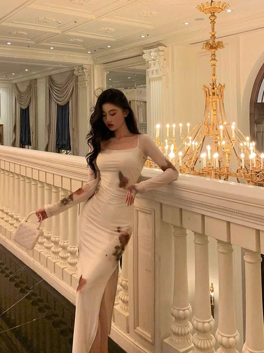 Sexy Sheath Square Neckline Long Sleeves Slit Floral Prom Dresses Birthday Dress SD411