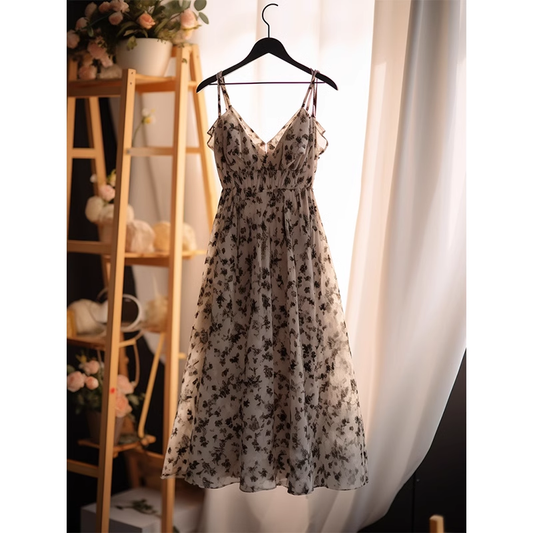 Chic A Line Spaghetti Straps Black Flower Ankle length Birthday Dresses Birthday Outfits SD514