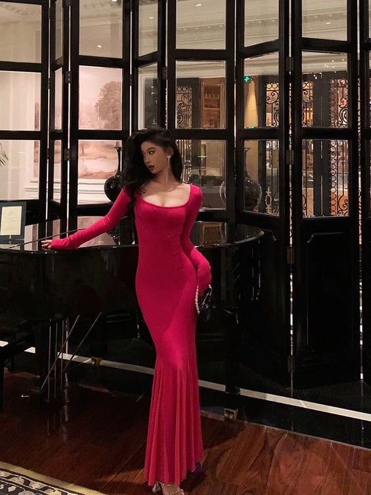 Sexy Mermaid Square Neckline Long Sleeves Pink Prom Dresses Birthday Outfits SD593