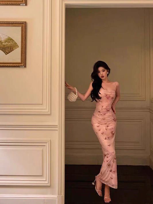 Sexy Mermaid Spaghetti Straps Floral Pink Prom Dresses Ankle Length Birthday Outfits SD678