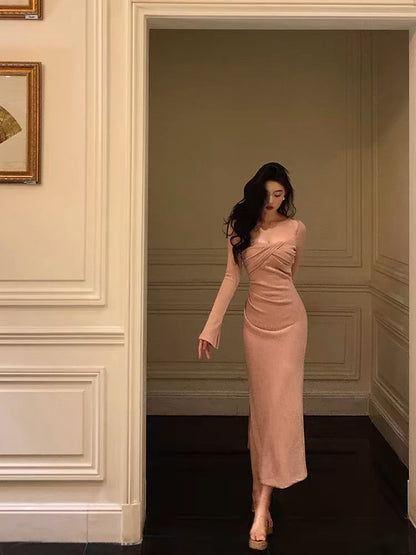 Classy Sheath Square Neckline Long Sleeves Pink Prom Dresses Birthday Outfits SD759