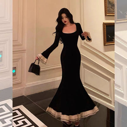 Pretty Mermaid Square Neckline Black Prom Dresses Birthday Outfits Evening Gown SD816