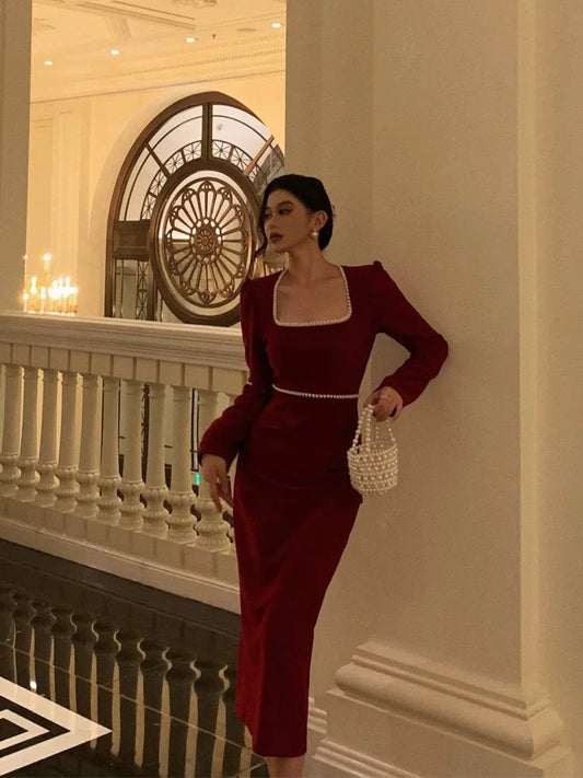 Stunning Sheath Square Neckline Long Sleeves Date Night Dress Red Prom Dresses Birthday Outfit SD839