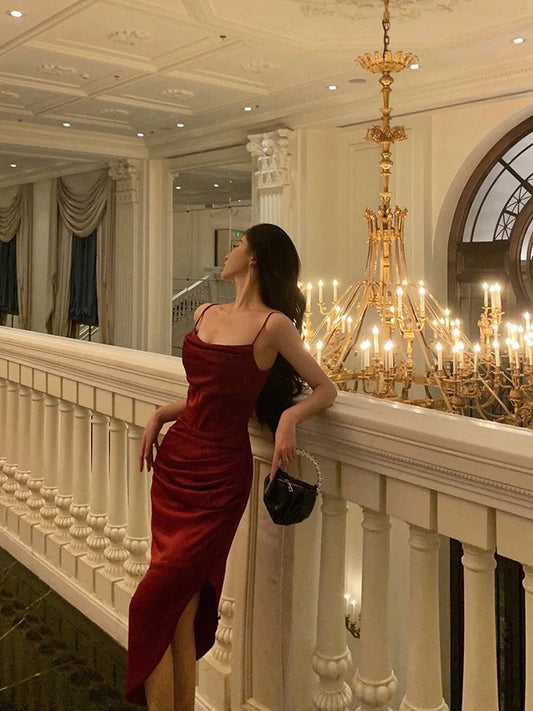 Classy Sheath Spaghetti Straps Red Slit Prom Dresses Birthday Outfits SD851