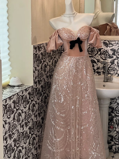 Princess A Line Puff Sequin Velvet Tulle 18th Birthday Dress Prom Dress SH3846