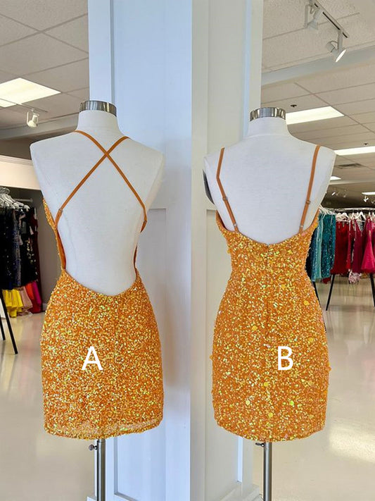 Open Back Short Orange V Neck Formal Homecoming Dresses Hoco Dresses SH001