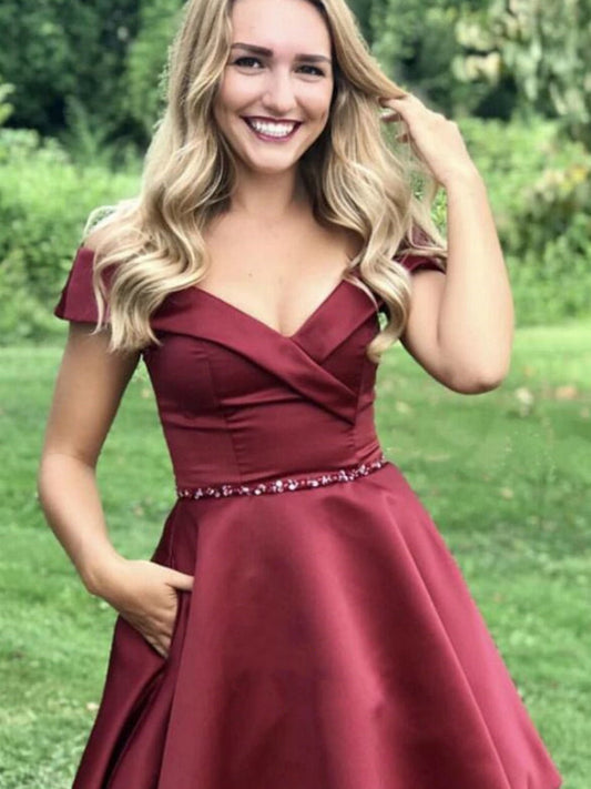 Off the Shoulder Short Burgundy Homecoming Dresses SH025