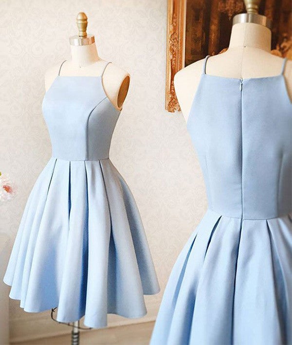 Vestido de fiesta corto sencillo de satén azul claro, minivestido de bienvenida para adolescentes, vestidos de cóctel