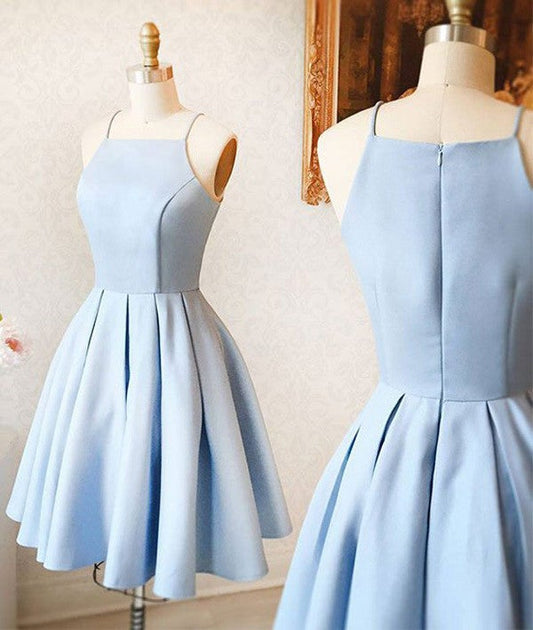 Vestido de fiesta corto sencillo de satén azul claro, minivestido de bienvenida para adolescentes, vestidos de cóctel