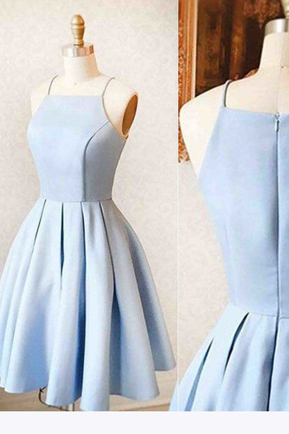 Vestido de fiesta corto sencillo de satén azul claro, minivestido de bienvenida para adolescentes, vestidos de cóctel
