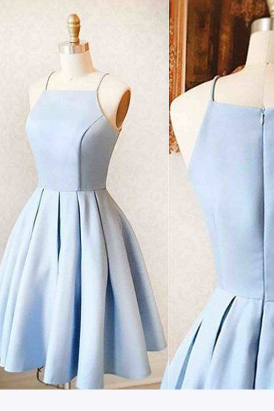 Vestido de fiesta corto sencillo de satén azul claro, minivestido de bienvenida para adolescentes, vestidos de cóctel