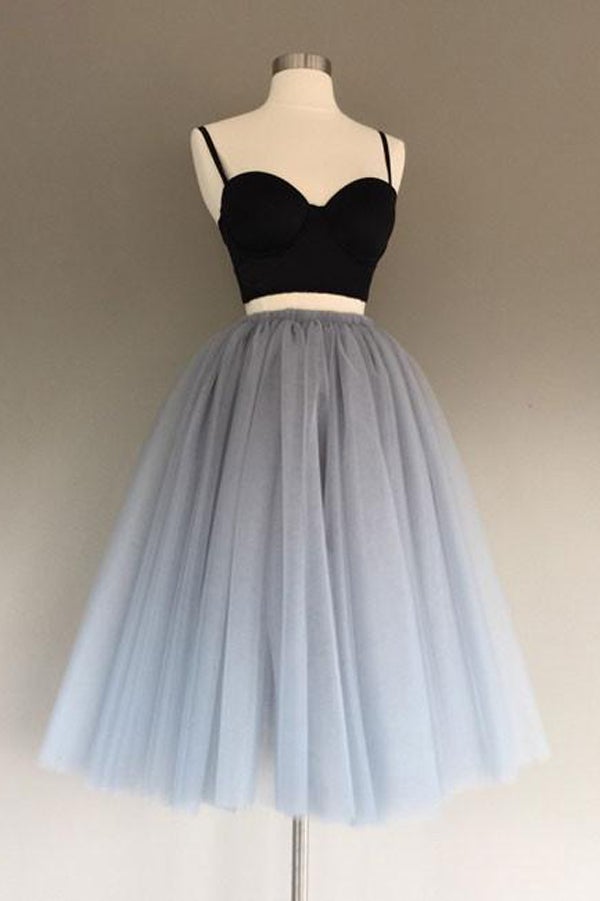 Vestido de cóctel de tul gris con corte en A, corto, de dos piezas