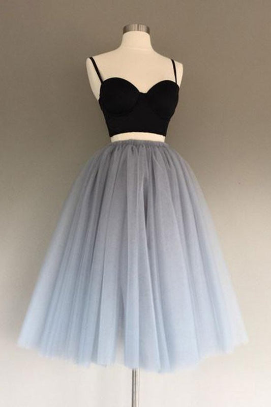 Vestido de cóctel de tul gris con corte en A, corto, de dos piezas