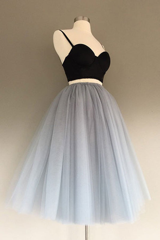 Vestido de cóctel de tul gris con corte en A, corto, de dos piezas