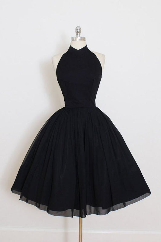 Vestido de fiesta negro con cuello halter y espalda descubierta, corte A, corto.