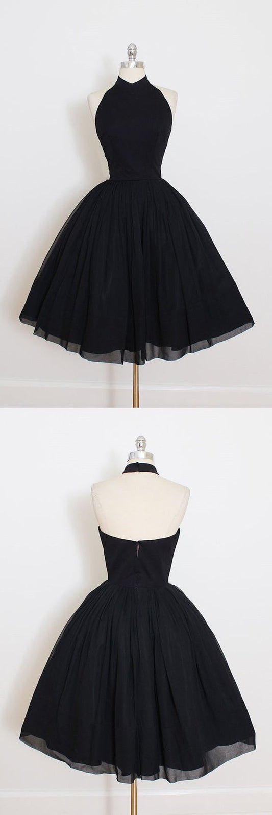 Vestido de fiesta negro con cuello halter y espalda descubierta, corte A, corto.