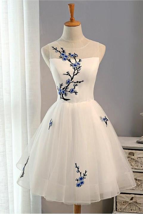 Embroidery Flowers Short Homecoming Dress Prom Dresses