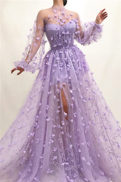 Sexy Tulle High Neck Front Slit Prom Dress Chic Appliques Flowers Long Sleeves Prom Dresses SH259