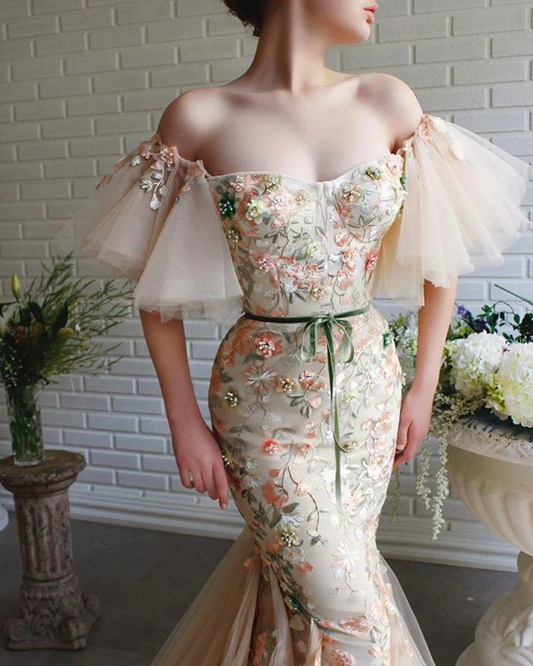 Off The Shoulder Mermaid Tulle Prom Dresses With Appliques Lace Up SH320