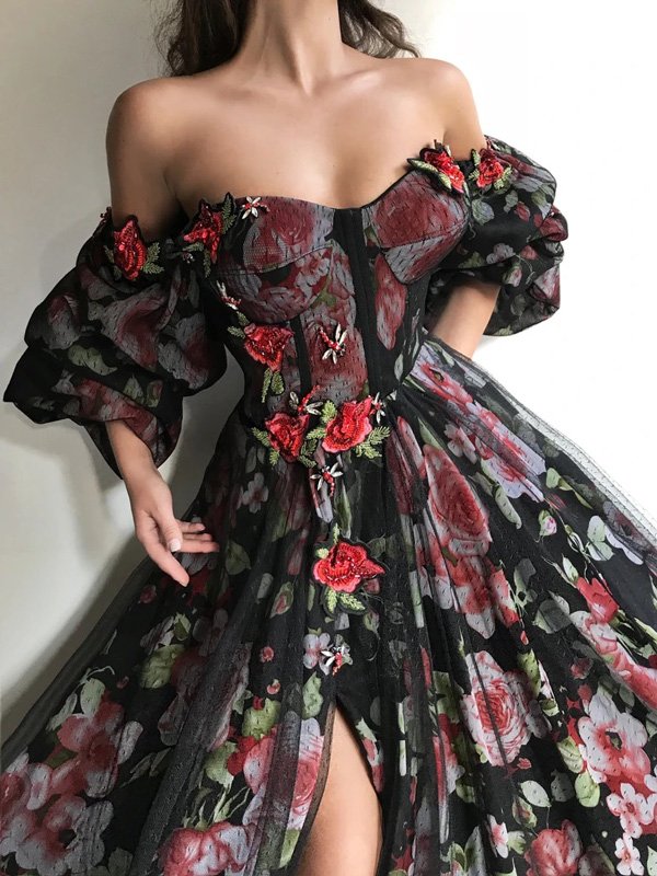 Off-The-Shoulder Beaded Decorate Floral Print Mesh Split-Side Prom Dress Long Evening Dress SH326