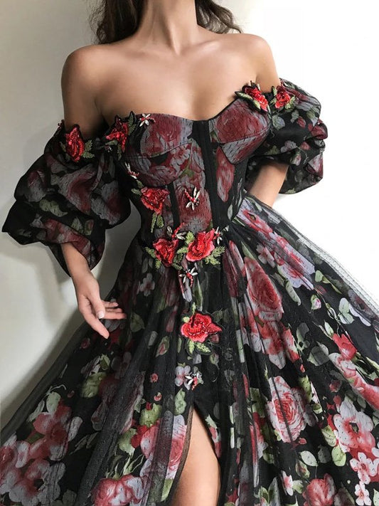 Off-The-Shoulder Beaded Decorate Floral Print Mesh Split-Side Prom Dress Long Evening Dress SH326