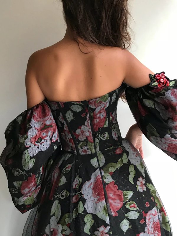 Off-The-Shoulder Beaded Decorate Floral Print Mesh Split-Side Prom Dress Long Evening Dress SH326