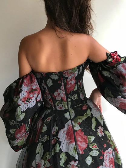 Off-The-Shoulder Beaded Decorate Floral Print Mesh Split-Side Prom Dress Long Evening Dress SH326